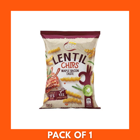 Oho Lentil Crisps Maple Bacon 100g pack — bag of crunchy lentil crisps flavored with sweet maple and smoky bacon