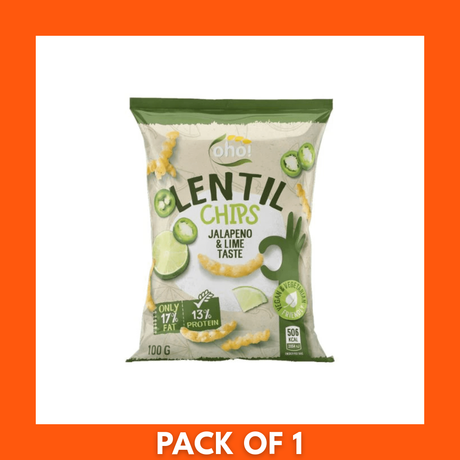 Oho Lentil Crisps Jalapeño & Lime, 1 x 100g bag — green-accented packaging showing crisps and jalapeño-lime graphics