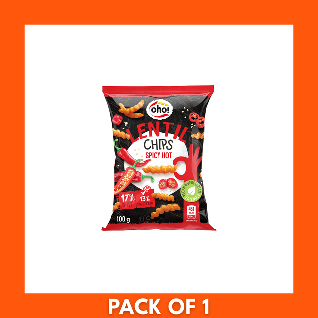 Front view of Oho Lentil Crisps Hot and Spicy 1 x 100g bag showing the Oho logo, prominent 'Hot and Spicy' label and a close-up image of the crunchy lentil crisps.