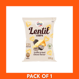 Close-up of Oho Lentil Crisps Truffle and Hard Cheese spilled into a bowl with the 100g bag visible in the background