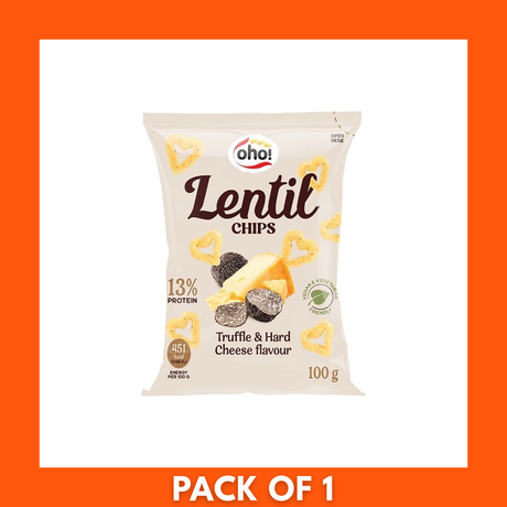Close-up of Oho Lentil Crisps Truffle and Hard Cheese spilled into a bowl with the 100g bag visible in the background