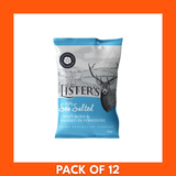 Pack of twelve Listers Crisps Sea Salt 40g — twelve individual 40g bags of sea salt-flavored crisps in branded packaging