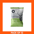 Box of 12 Listers Crisps Sea Salt and Vinegar 40g bags — retail carton showing branded packaging and flavor label
