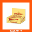 Toblerone 10 x 100g pack, ten yellow-wrapped Swiss Toblerone bars (100g each) with mountain logo — milk chocolate with honey and almond nougat