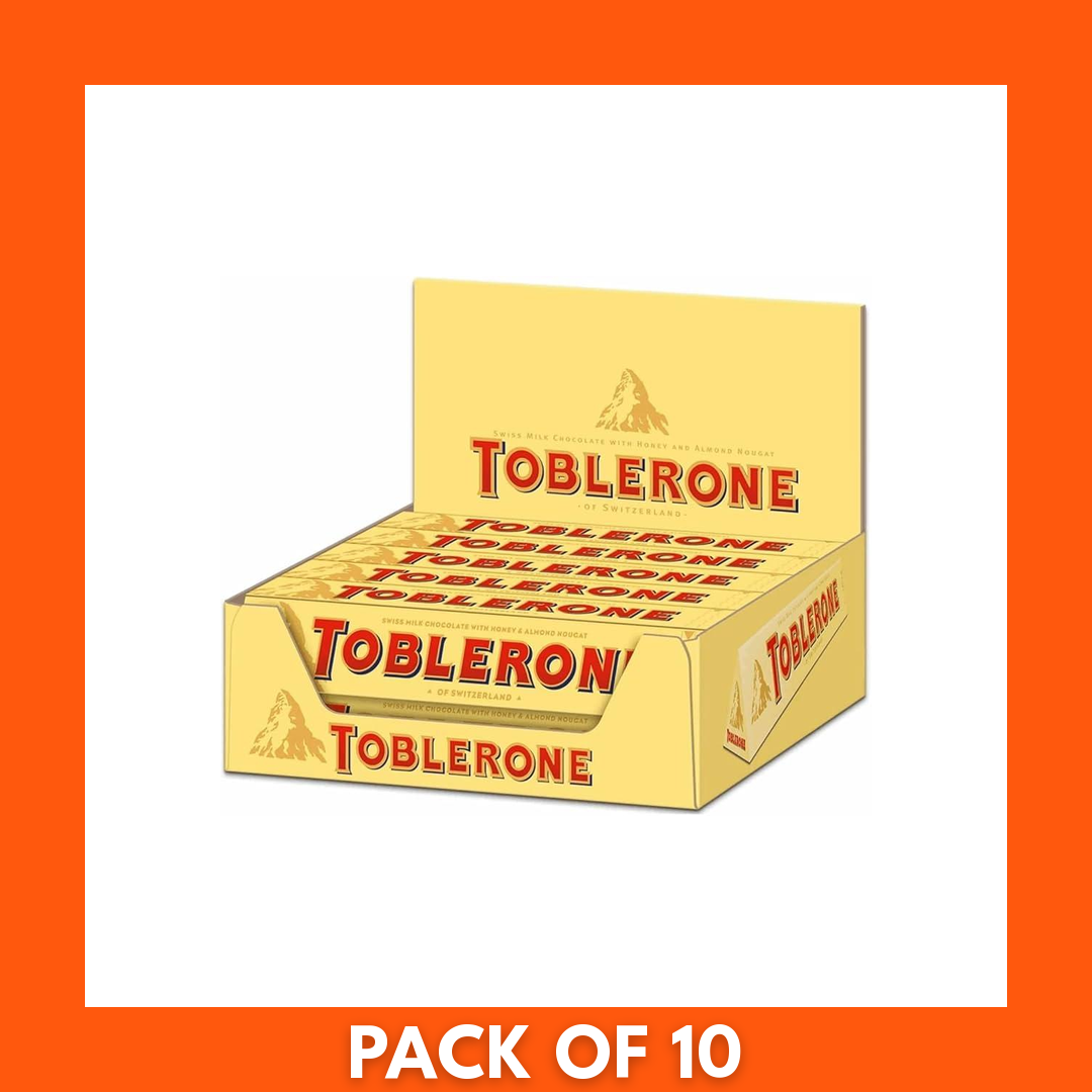 Toblerone 10 x 100g pack, ten yellow-wrapped Swiss Toblerone bars (100g each) with mountain logo — milk chocolate with honey and almond nougat