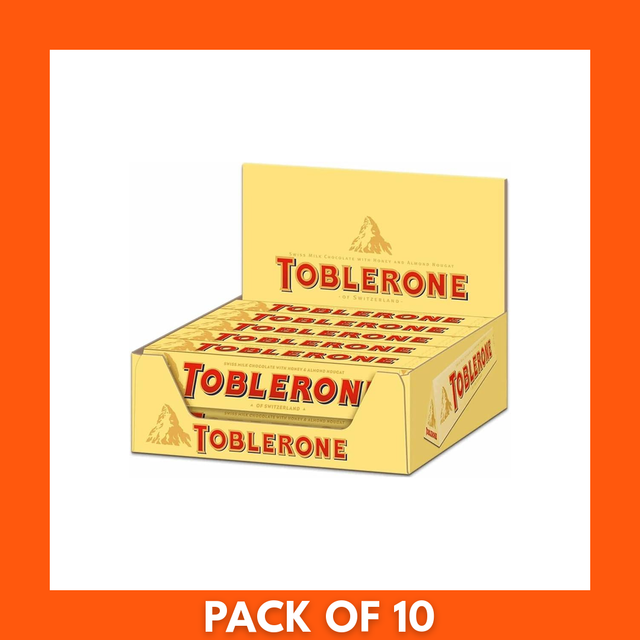Toblerone 10 x 100g pack, ten yellow-wrapped Swiss Toblerone bars (100g each) with mountain logo — milk chocolate with honey and almond nougat