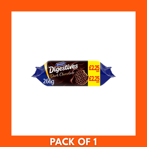 McVities Digestive Dark Chocolate biscuits 266g pack — single 1 x 266g packet, PMP £2.25