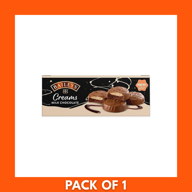 Front view of a sealed 128g box of Baileys Milk Chocolate Creams showing the Baileys logo and product name — single pack