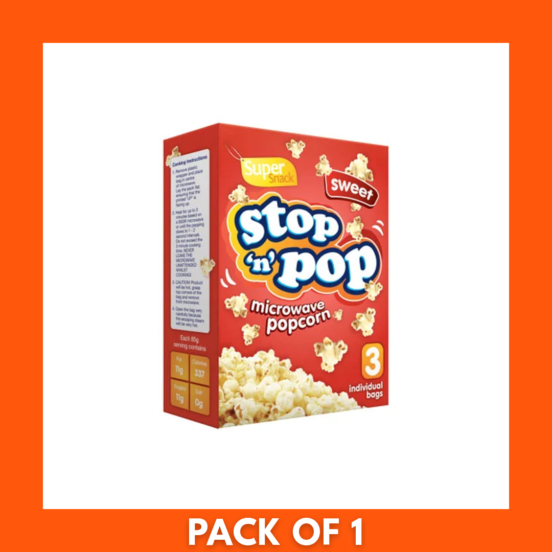 Three-pack Stop n Pop sweet microwave popcorn, 85 g per bag (3 x 85g), retail packaging showing stacked snack bags.