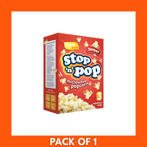 Three-pack Stop n Pop sweet microwave popcorn, 85 g per bag (3 x 85g), retail packaging showing stacked snack bags.