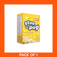 Close-up of Stop n Pop 255g microwave butter popcorn multipack (3 x 85g), single bag front showing brand logo and an image of fluffy buttered popcorn ready to serve.