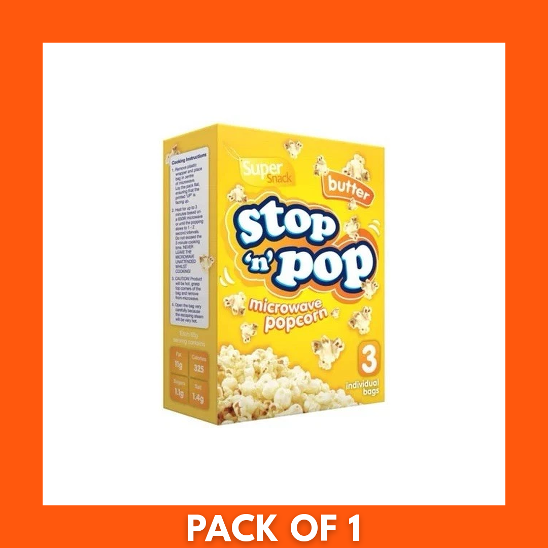 Close-up of Stop n Pop 255g microwave butter popcorn multipack (3 x 85g), single bag front showing brand logo and an image of fluffy buttered popcorn ready to serve.
