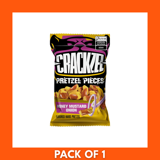 Close-up of Crackzel Honey Mustard and Onion Pretzels (85g) showing seasoned twist pretzels beside the product bag.