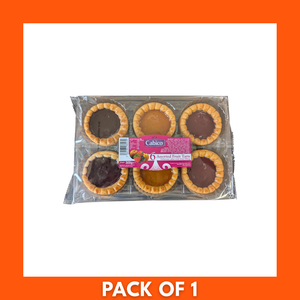 Close-up of Cabico 6-piece assorted fruit tarts (300g) in a clear tray, glossy mixed fruit toppings on mini custard tarts for dessert