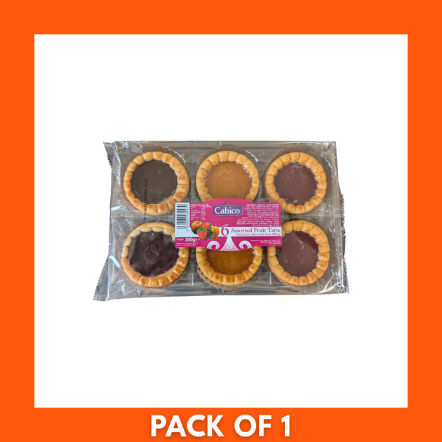 Close-up of Cabico 6-piece assorted fruit tarts (300g) in a clear tray, glossy mixed fruit toppings on mini custard tarts for dessert
