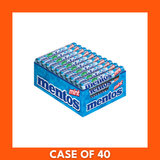 Box of Mentos Chew Blue Mint (1 × 40 rolls), front-facing blue carton with 40 individually wrapped chewy mint rolls.