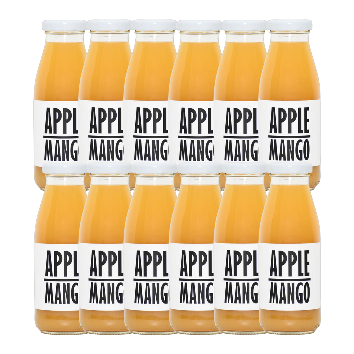 A bottle of Pressuice Apple-Mango Juice with fresh apples and mangoes beside it.