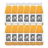 A bottle of Pressuice Apple-Mango Juice with fresh apples and mangoes beside it.