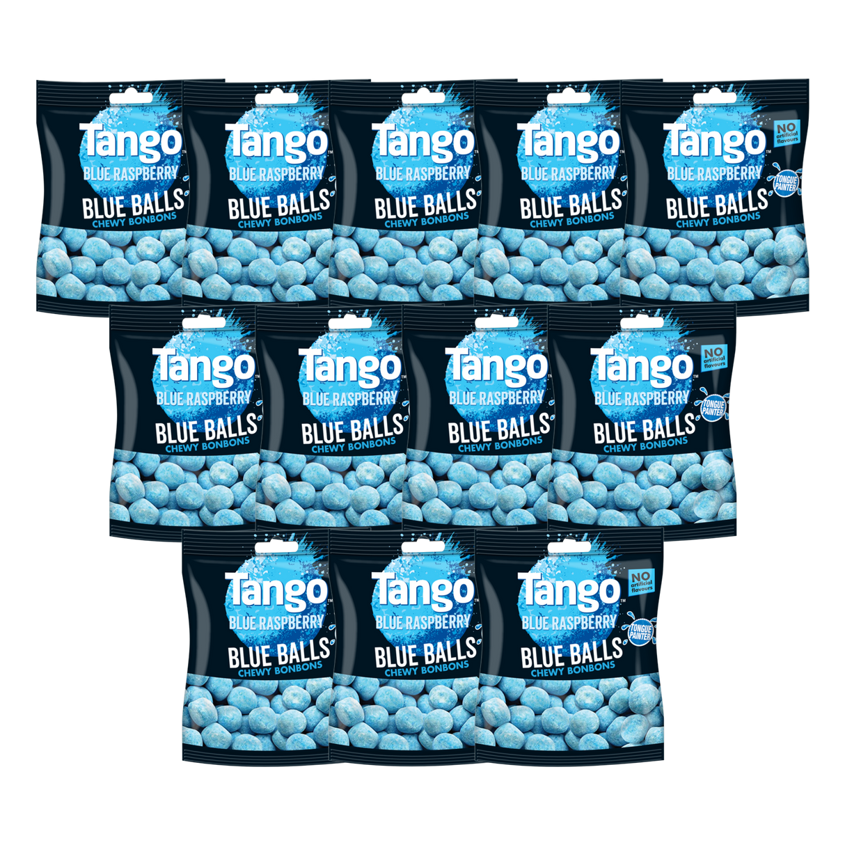 A close-up of Tango Blue Balls Bon Bons, showcasing their vibrant blue color and chewy texture.