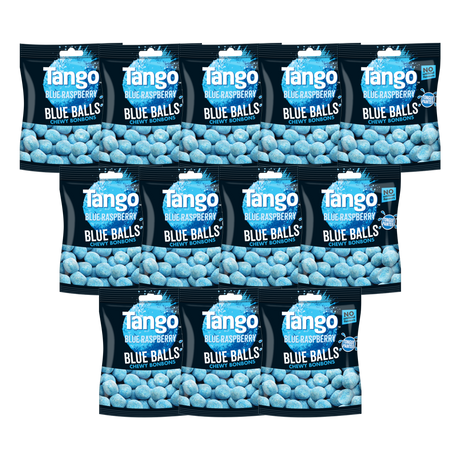 A close-up of Tango Blue Balls Bon Bons, showcasing their vibrant blue color and chewy texture.