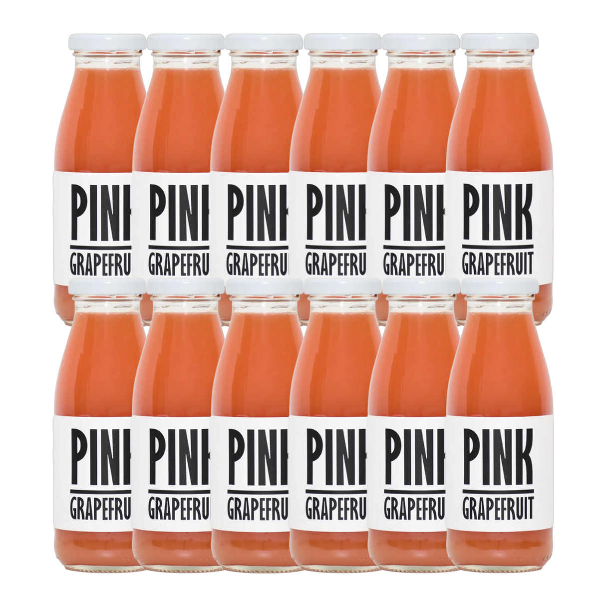 A bottle of Pressuice Pink Grapefruit Juice with fresh grapefruits in the background.