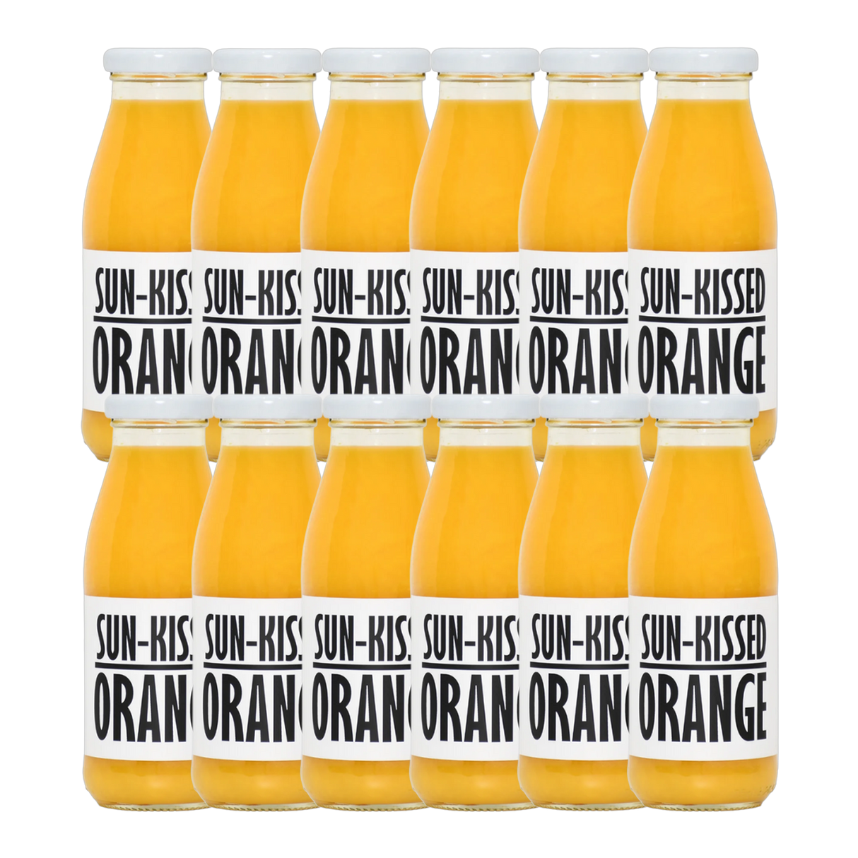 A bottle of Pressuice Sun-Kissed Orange Juice with fresh oranges in the background.