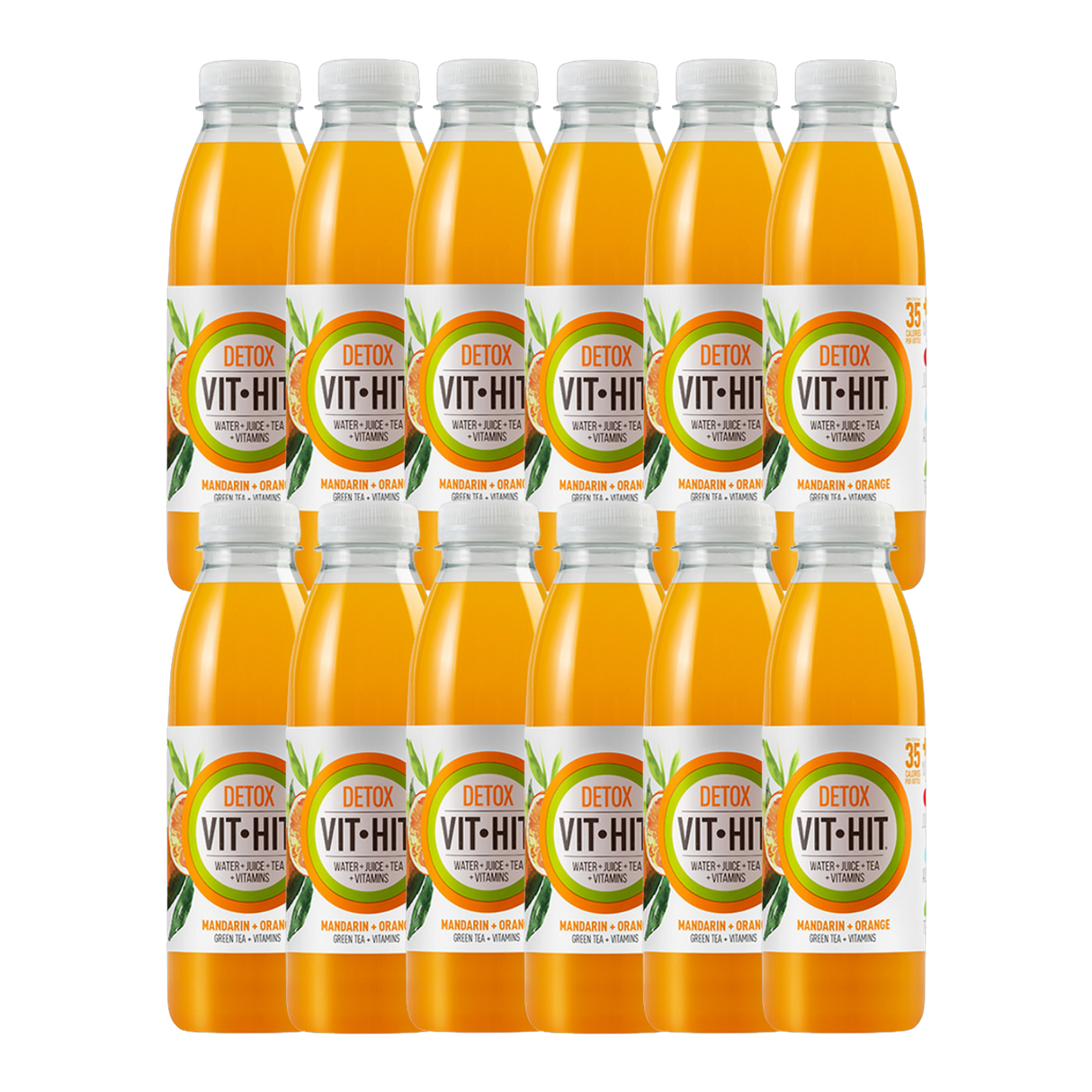 Vit Hit Detox Mandarin & Orange Vitamin Drink 12-pack display with fresh citrus fruits.