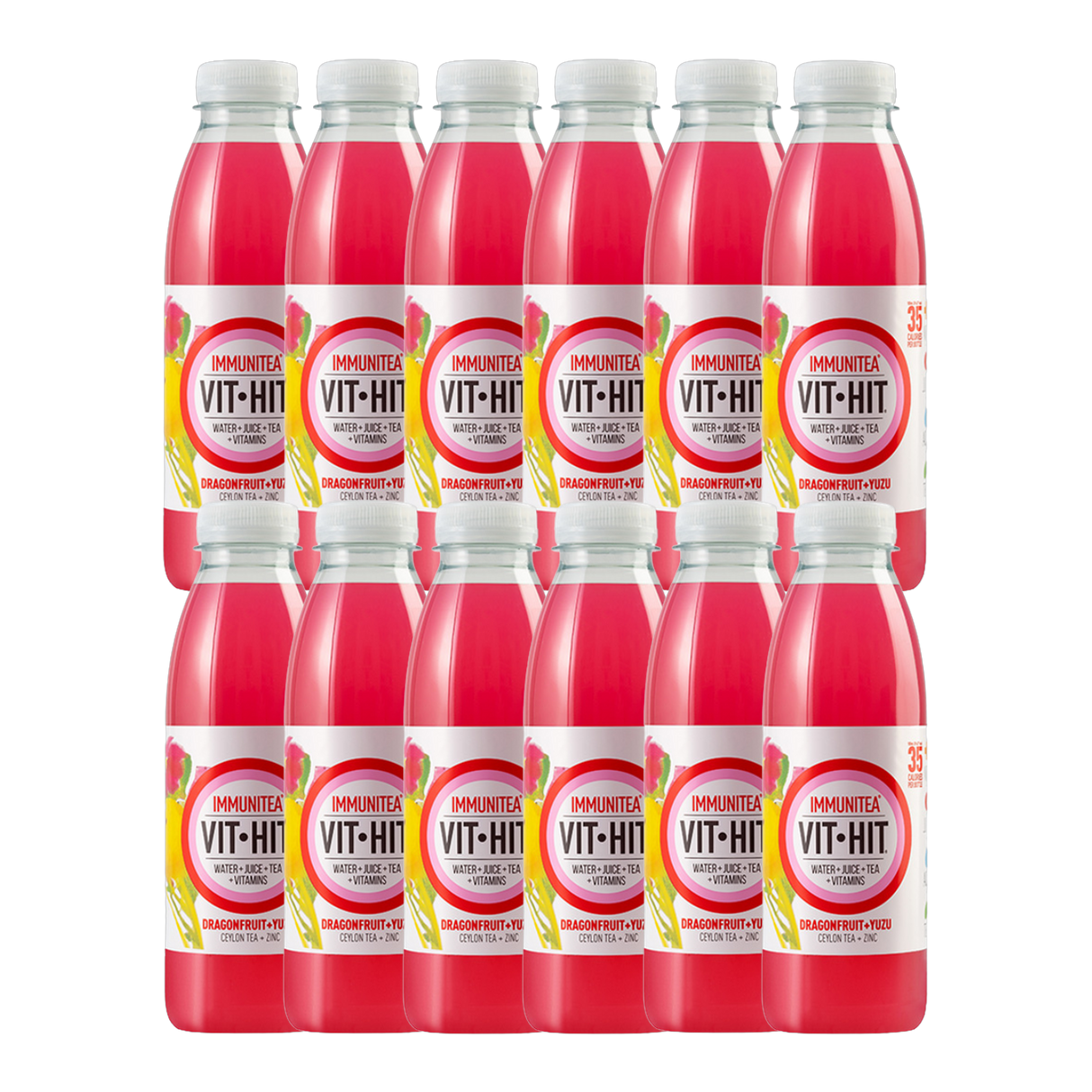 Vit Hit Immunity Dragonfruit & Yuzu 12-pack displayed with fresh tropical fruits.