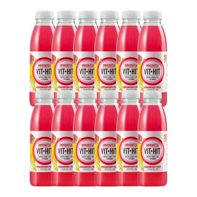 Vit Hit Immunity Dragonfruit & Yuzu 12-pack displayed with fresh tropical fruits.