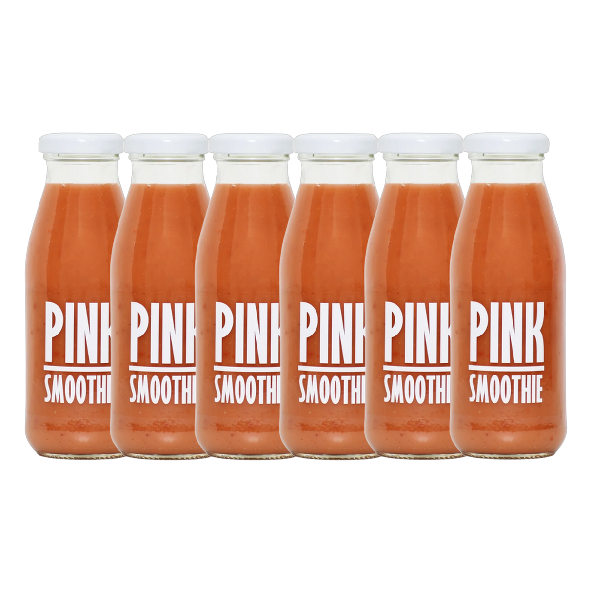A bottle of Pressuice Pink Smoothie alongside fresh strawberries, raspberries, and bananas.