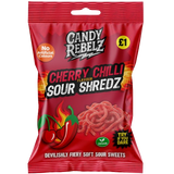 Close-up of a single CandyRebelz Cherry Chilli Sour Shredz 120g pouch and a ten‑pack box: bright red sour shred candy, Cherry Chilli flavour, 10 x 120g retail pack