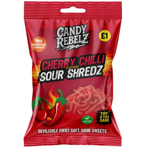 Close-up of a single CandyRebelz Cherry Chilli Sour Shredz 120g pouch and a ten‑pack box: bright red sour shred candy, Cherry Chilli flavour, 10 x 120g retail pack