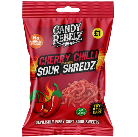 Close-up of a single CandyRebelz Cherry Chilli Sour Shredz 120g pouch and a ten‑pack box: bright red sour shred candy, Cherry Chilli flavour, 10 x 120g retail pack