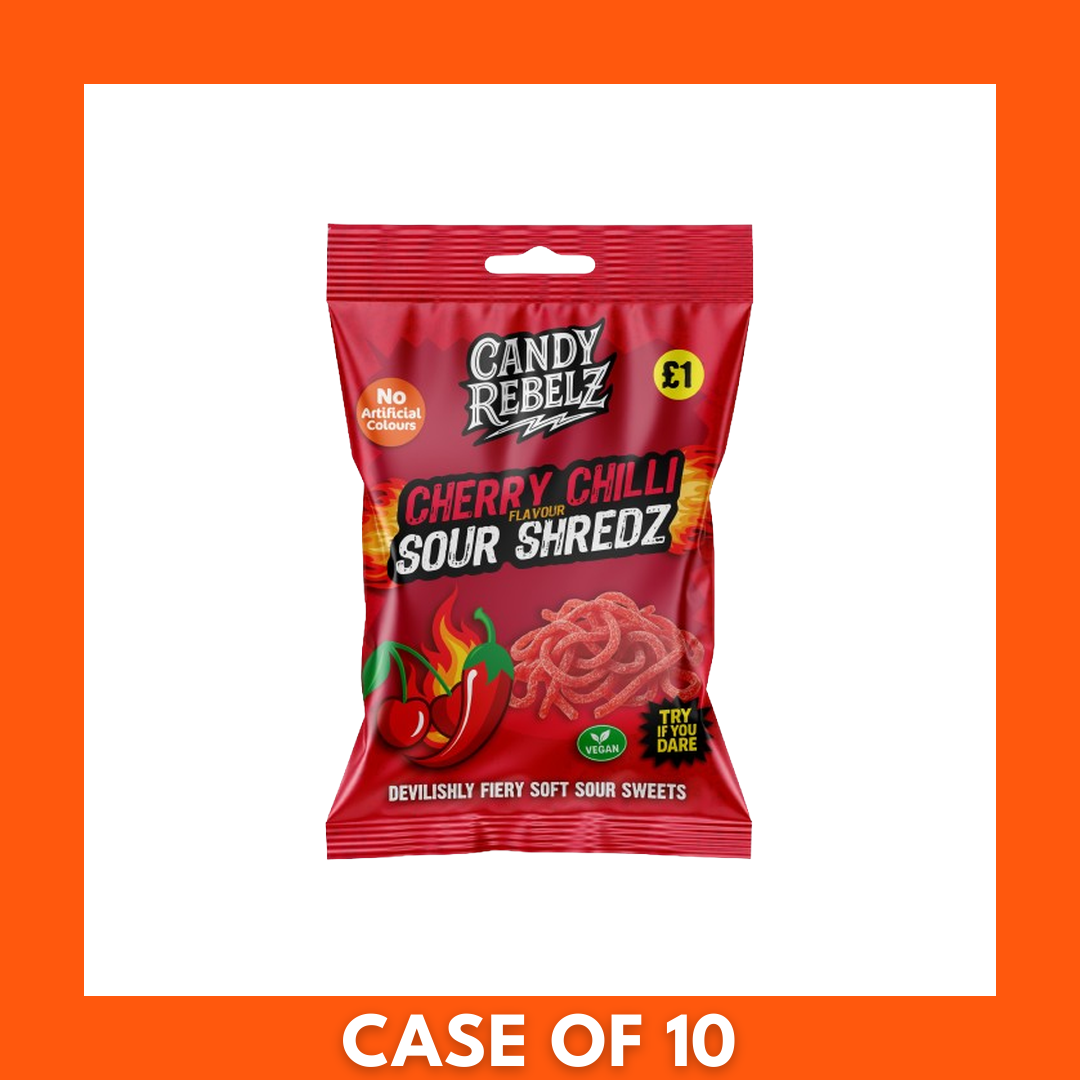 CandyRebelz Cherry Chilli Sour Shredz — pack of ten 120g pouches (10 x 120g) showing the Cherry-Chilli sour shredded candy and CandyRebelz logo on the outer box