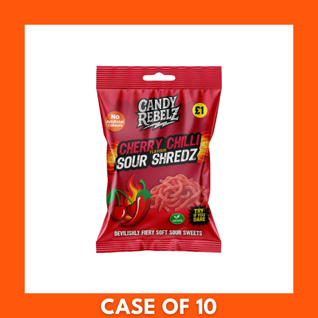 CandyRebelz Cherry Chilli Sour Shredz — pack of ten 120g pouches (10 x 120g) showing the Cherry-Chilli sour shredded candy and CandyRebelz logo on the outer box