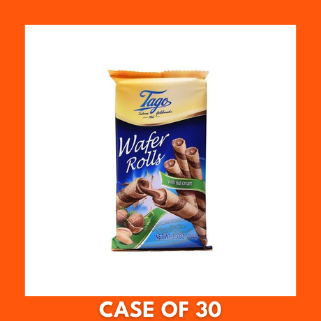Single 150 g package of Tago Hazelnut Wafers for sale, compact retail pack labeled hazelnut wafer snack