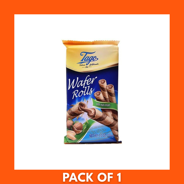 Front-facing pack of Tago Hazelnut Wafers, single 150 g unit showing brand logo and hazelnut flavor label