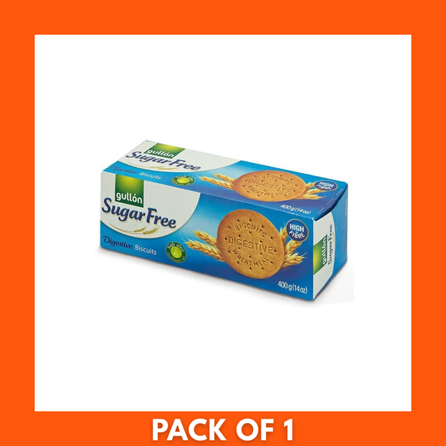 Gullón Sugar Free Digestive Biscuits 400 g — single pack beside round golden-brown biscuits showing crisp texture