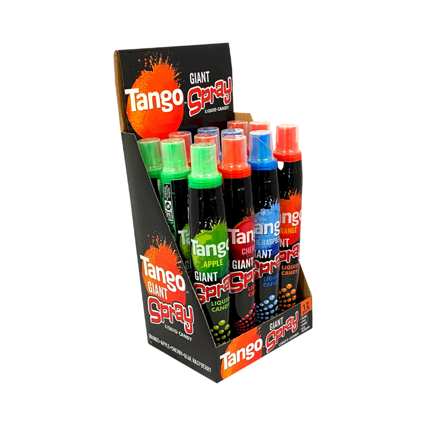 Tango King Tango Assorted Candy Spray bottles in vibrant flavors – apple, cherry, blue raspberry, and orange.