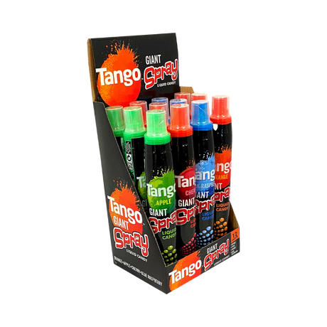 Tango King Tango Assorted Candy Spray bottles in vibrant flavors – apple, cherry, blue raspberry, and orange.