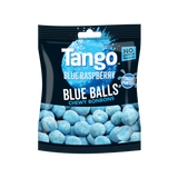 A bag of Tango Blue Balls Bon Bons with one bonbon bitten in half to reveal the chewy inside.