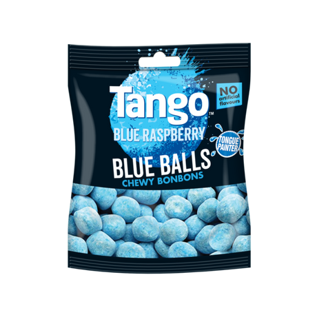 A bag of Tango Blue Balls Bon Bons with one bonbon bitten in half to reveal the chewy inside.