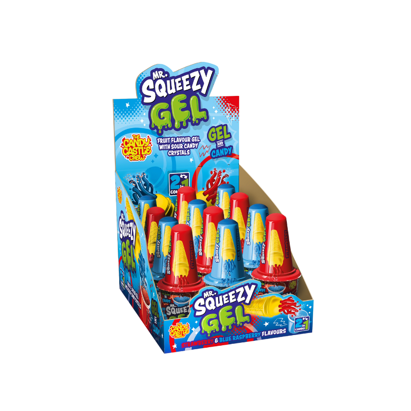 Mr Squeezy Gel 70g packaging featuring fruit-flavored sour gel and tangy candy crystals.