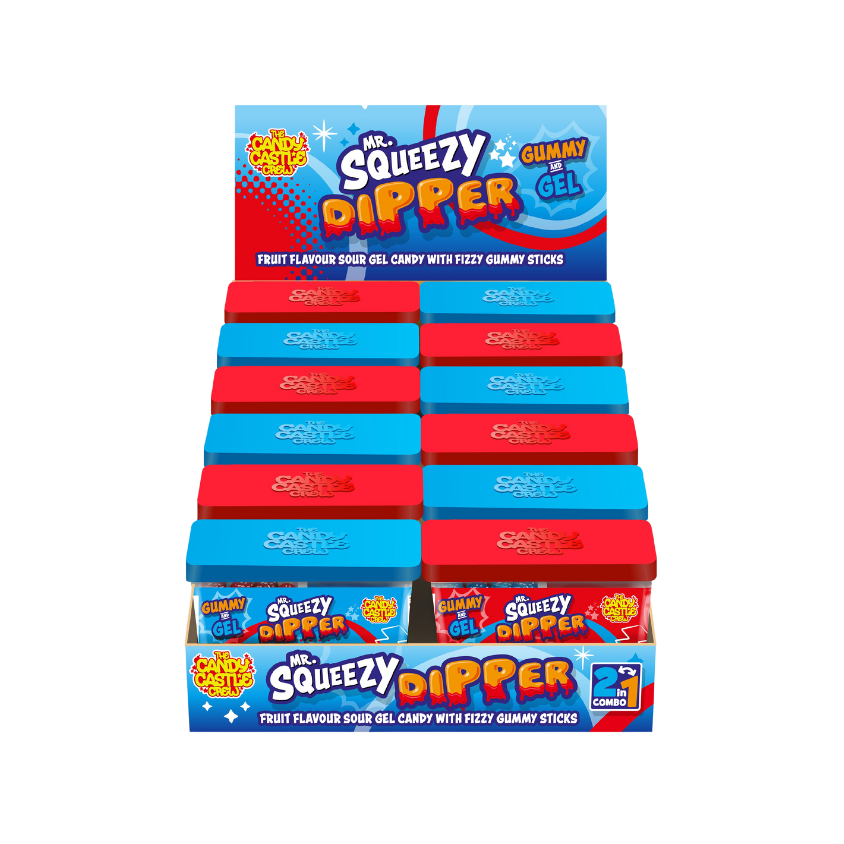 Mr Squeezy Candy Dipper 85g packaging with blue raspberry sour gel and fizzy gummy sticks.