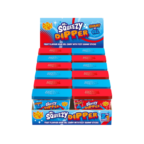 Mr Squeezy Candy Dipper 85g packaging with blue raspberry sour gel and fizzy gummy sticks.