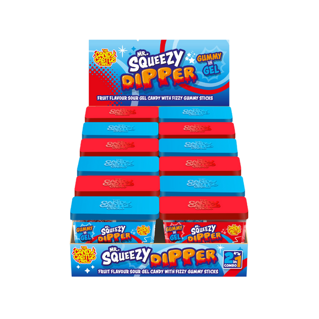 Mr Squeezy Candy Dipper 85g packaging with blue raspberry sour gel and fizzy gummy sticks.