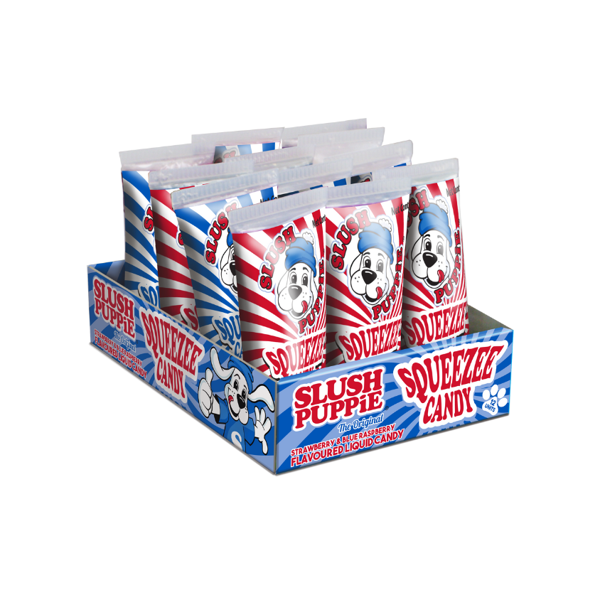 SLUSH PUPPiE Squeezee Candy tubes displayed with classic blue raspberry and strawberry flavours.