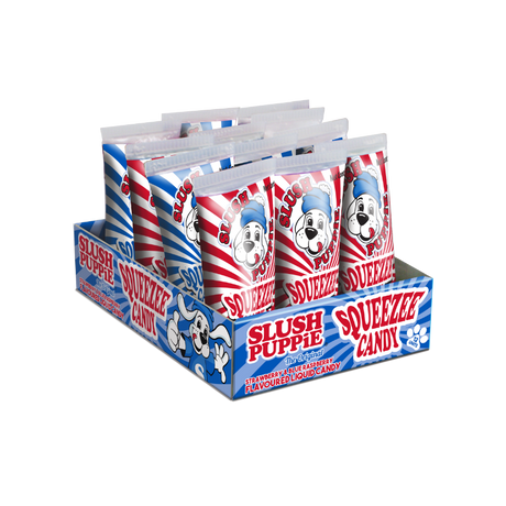 SLUSH PUPPiE Squeezee Candy tubes displayed with classic blue raspberry and strawberry flavours.