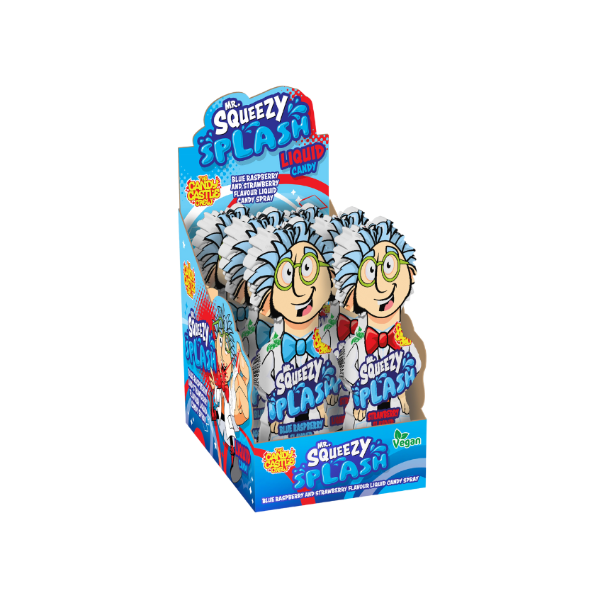 Mr Squeezy Splash 30ml liquid candy spray in blue raspberry and strawberry flavors.