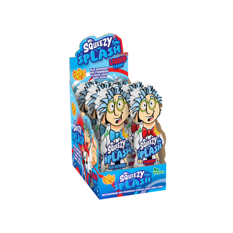 Mr Squeezy Splash 30ml liquid candy spray in blue raspberry and strawberry flavors.